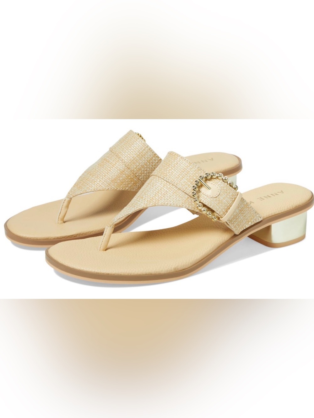 Anne Klein Beige Raffia Thong Sandal with Gold Buckle